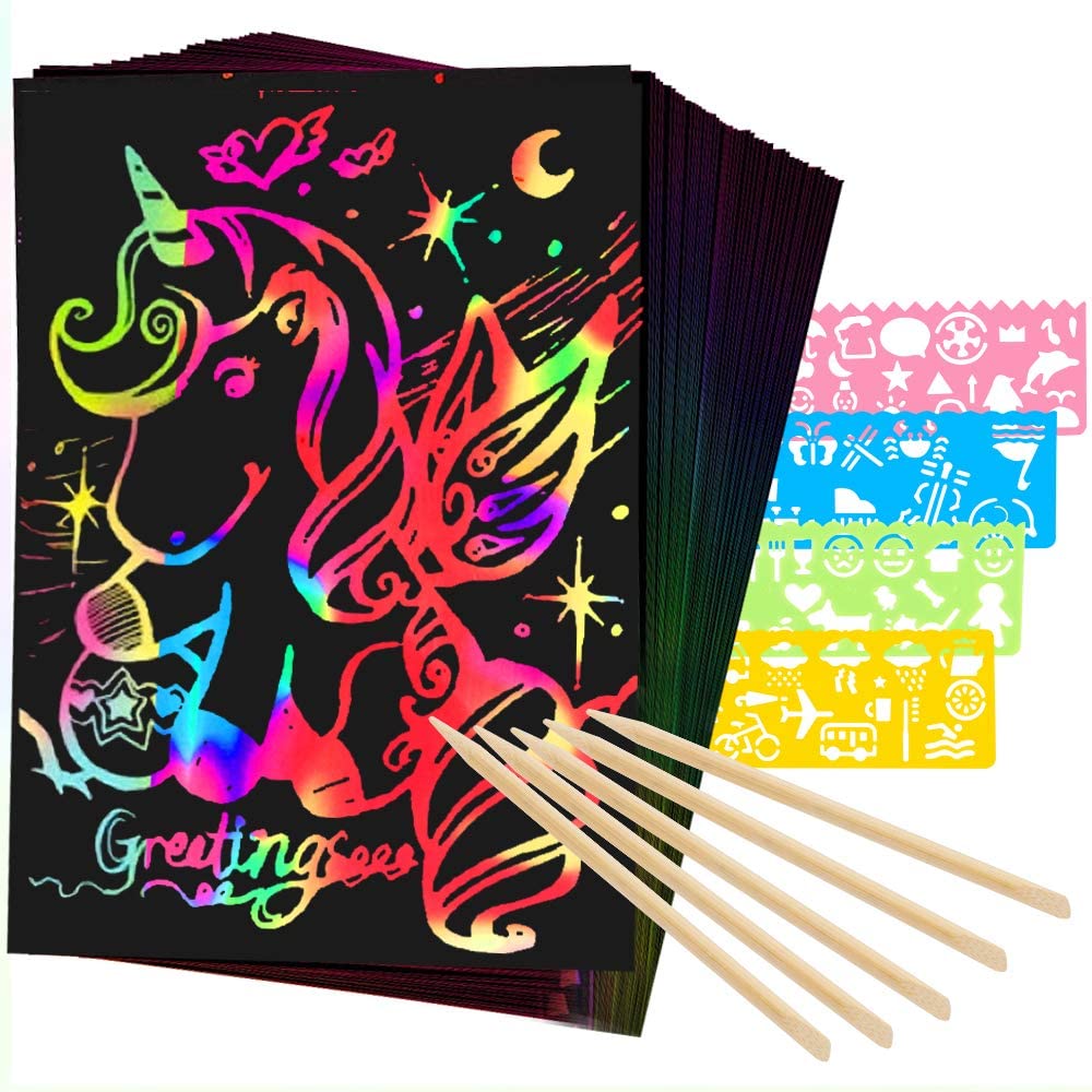 Mocoosy 60Pcs Scratch Art Paper for Kids, Rainbow Magic Scratch Off Paper  Art Craft Kit Black Scratch Sheets with 4 Stencils 5 Wooden Stylus for